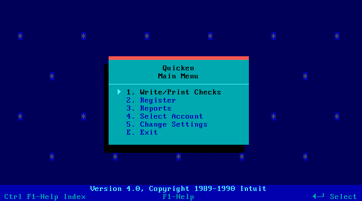 Quicken 4 for DOS - Menu